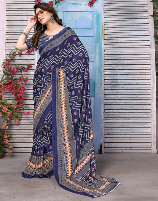 Navy Blue Silk Printed Saree