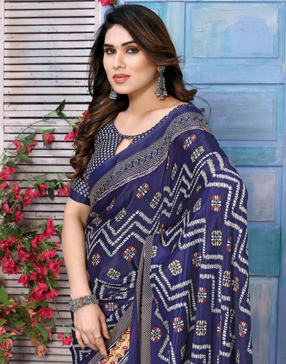Navy Blue Silk Printed Saree