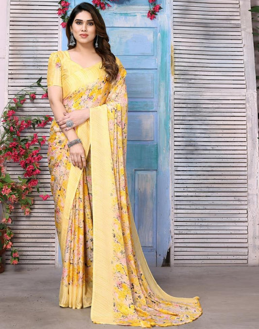 Yellow Silk Floral Printed Saree