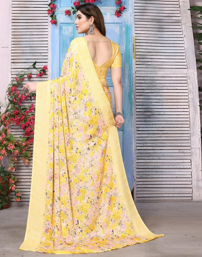 Yellow Silk Floral Printed Saree