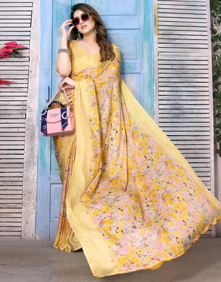 Yellow Silk Floral Printed Saree