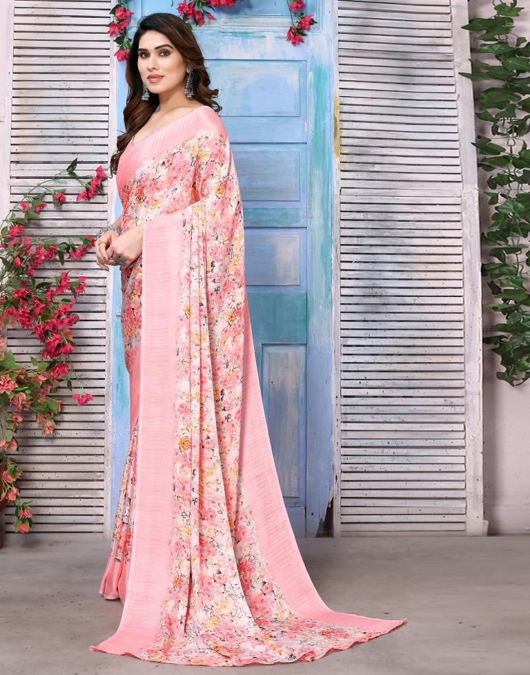 Light Pink Silk Floral Printed Saree
