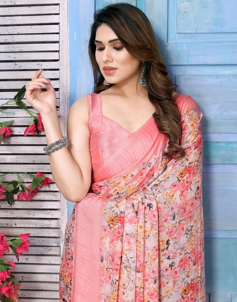 Light Pink Silk Floral Printed Saree