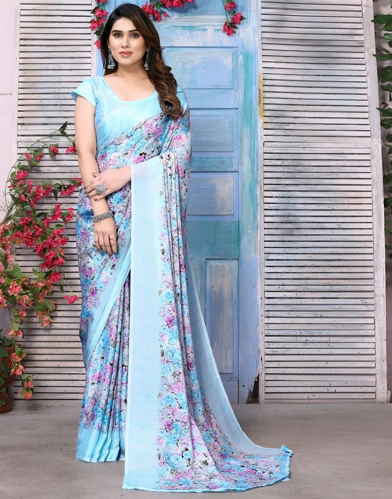 Light Blue Silk Floral Printed Saree