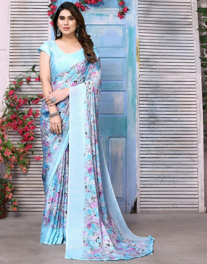 Light Blue Silk Floral Printed Saree