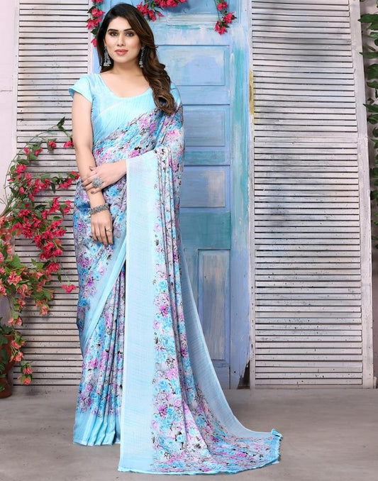 Light Blue Silk Floral Printed Saree