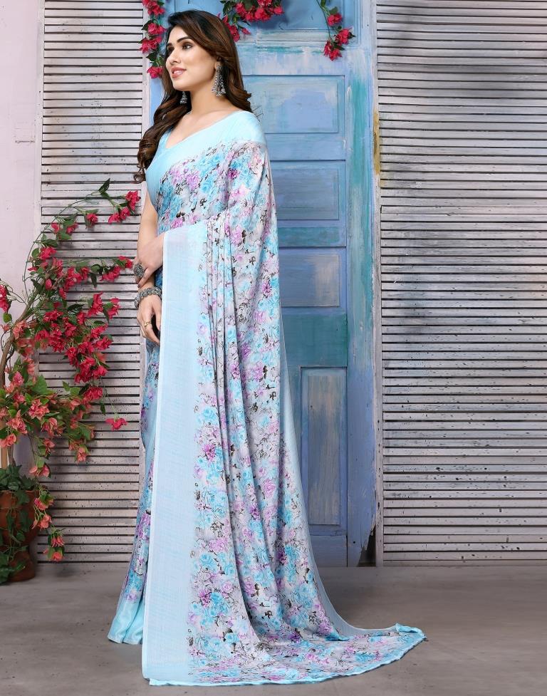 Light Blue Silk Floral Printed Saree