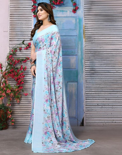 Light Blue Silk Floral Printed Saree
