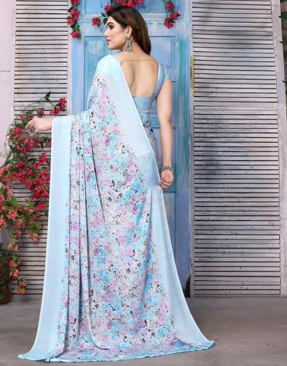 Light Blue Silk Floral Printed Saree