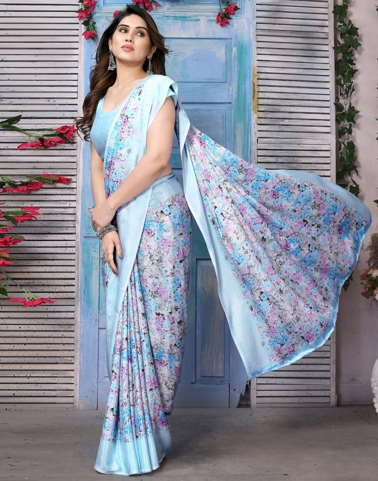 Light Blue Silk Floral Printed Saree
