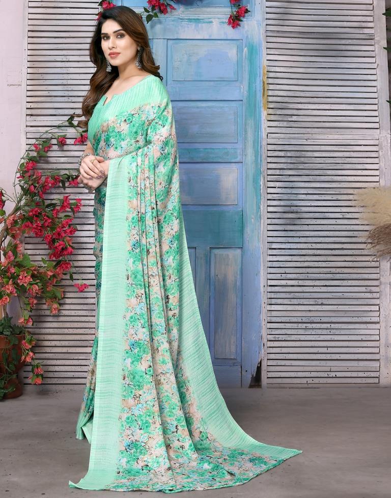 Light Green Silk Floral Printed Saree