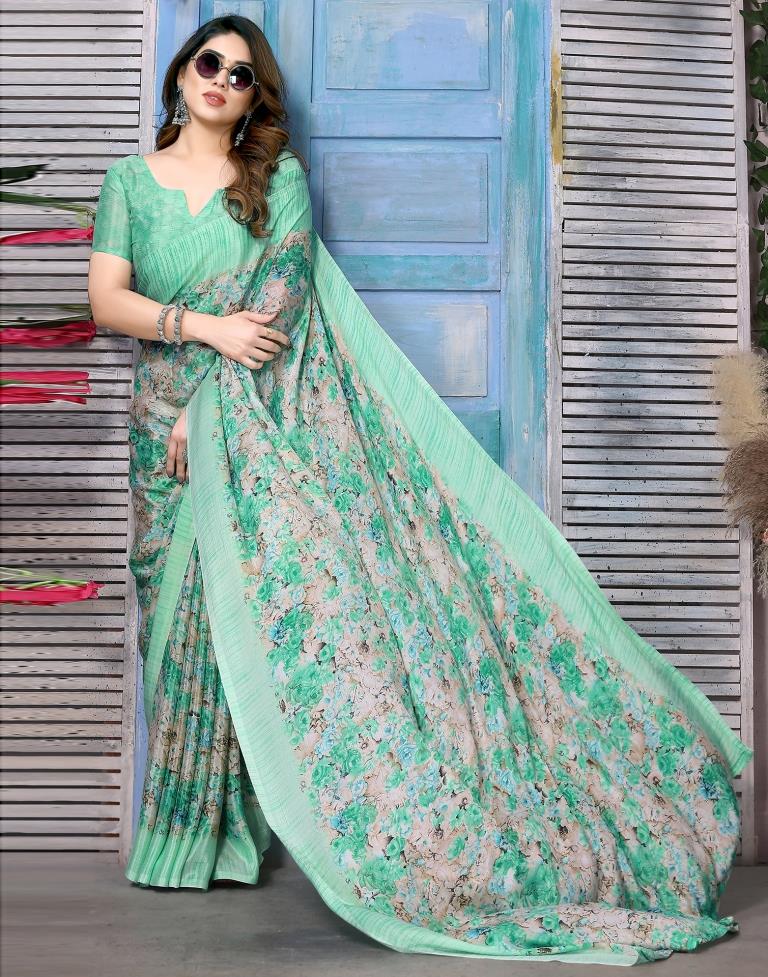 Light Green Silk Floral Printed Saree