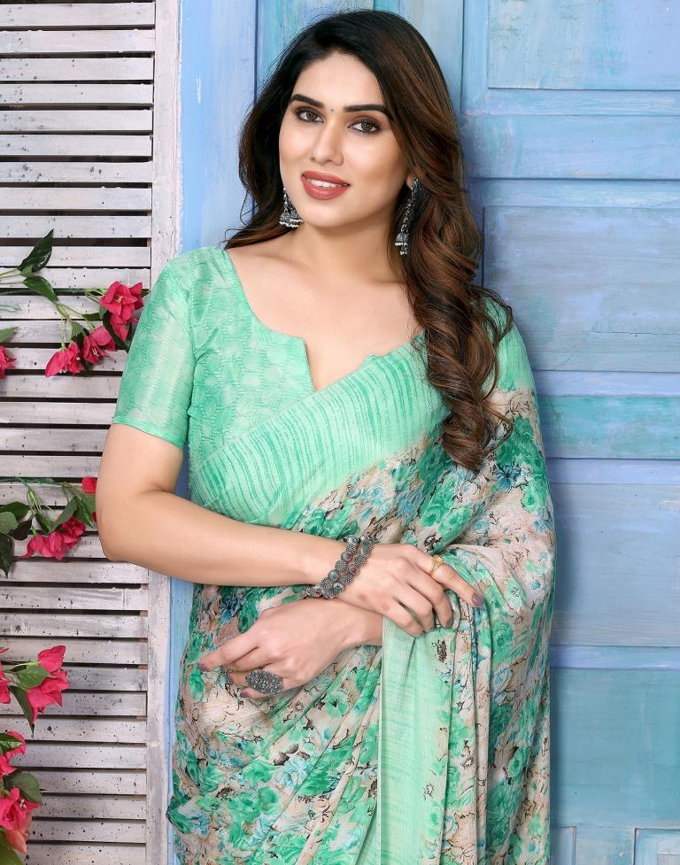 Light Green Silk Floral Printed Saree