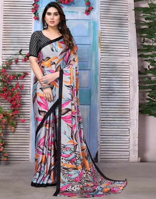 Grey Silk Printed Saree