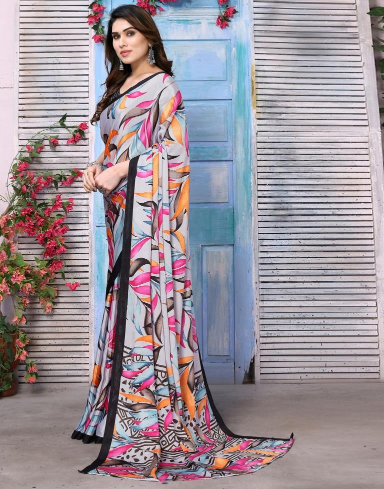 Grey Silk Printed Saree