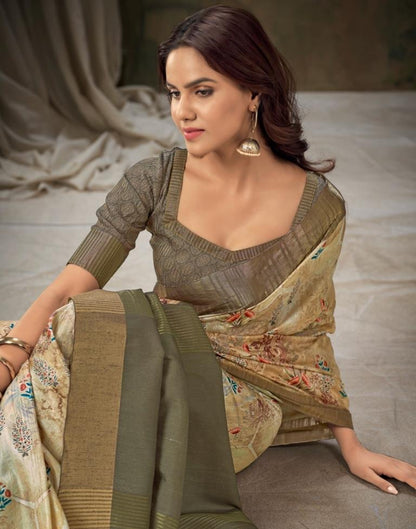 Olive Green Printed Silk Saree