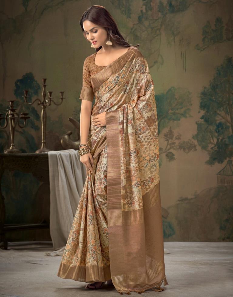 Brown Printed Silk Saree