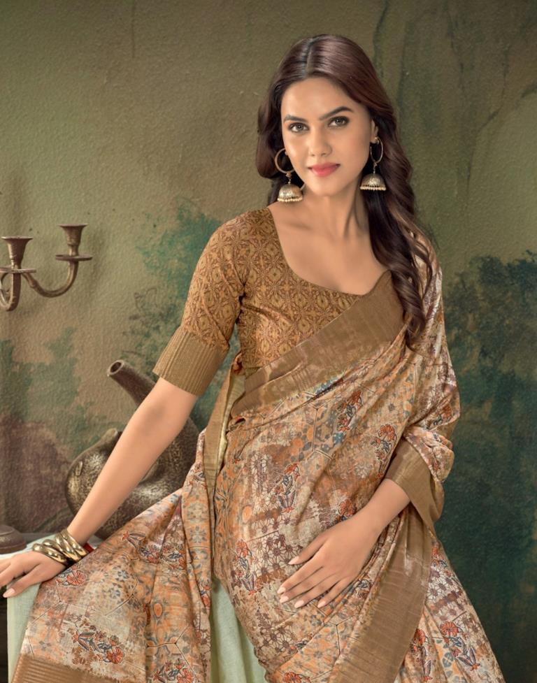 Brown Printed Silk Saree