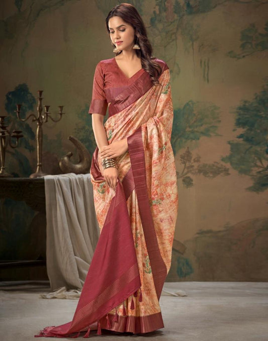 Peach Printed Silk Saree