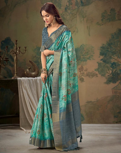 Turquoise Printed Silk Saree