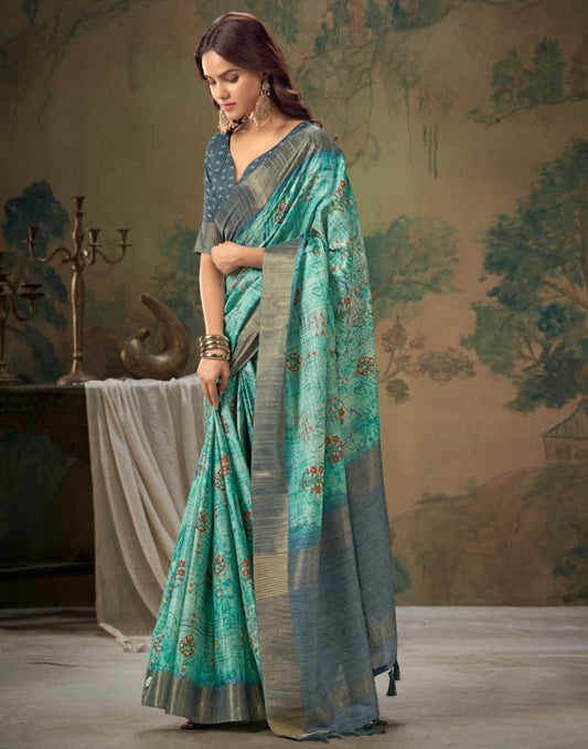 Turquoise Printed Silk Saree