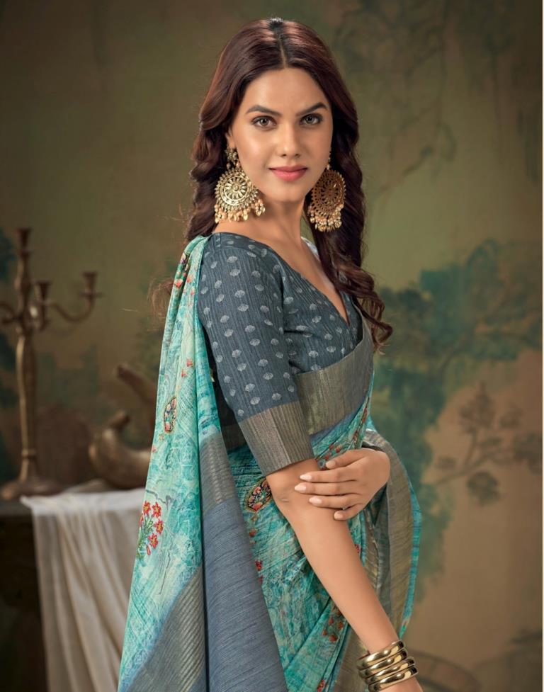 Turquoise Printed Silk Saree