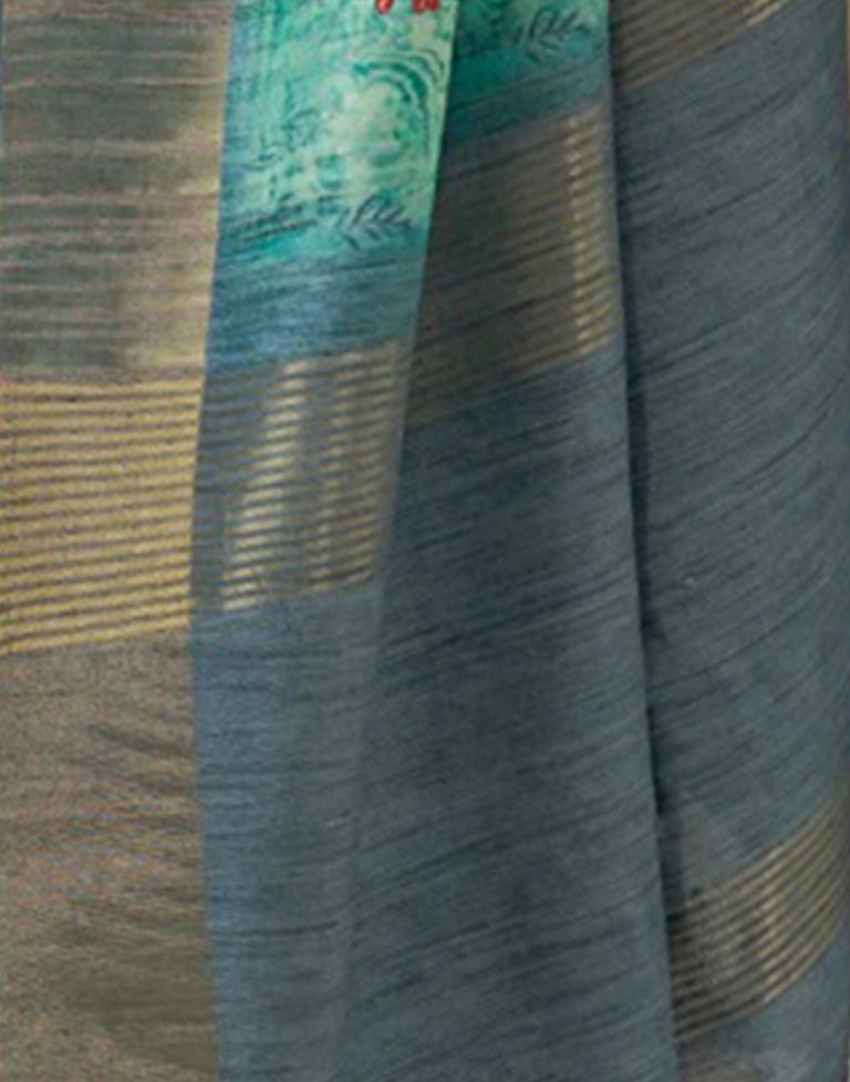 Turquoise Printed Silk Saree