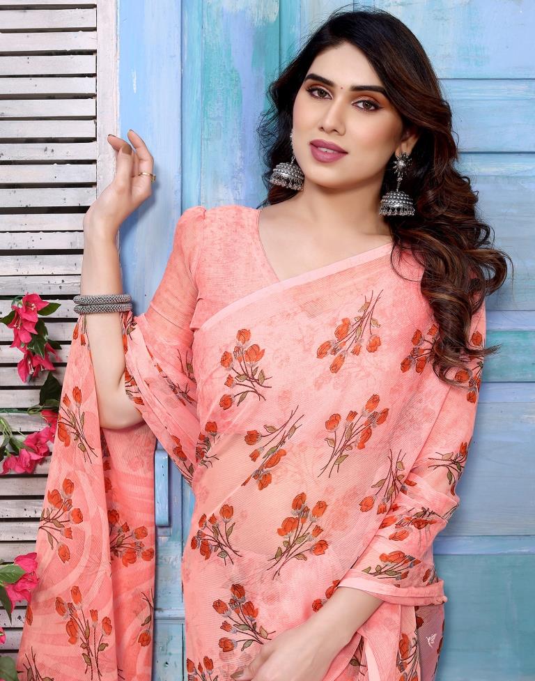 Light Pink Printed Chiffon Saree