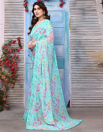 Light Turquoise Chiffon Printed Saree