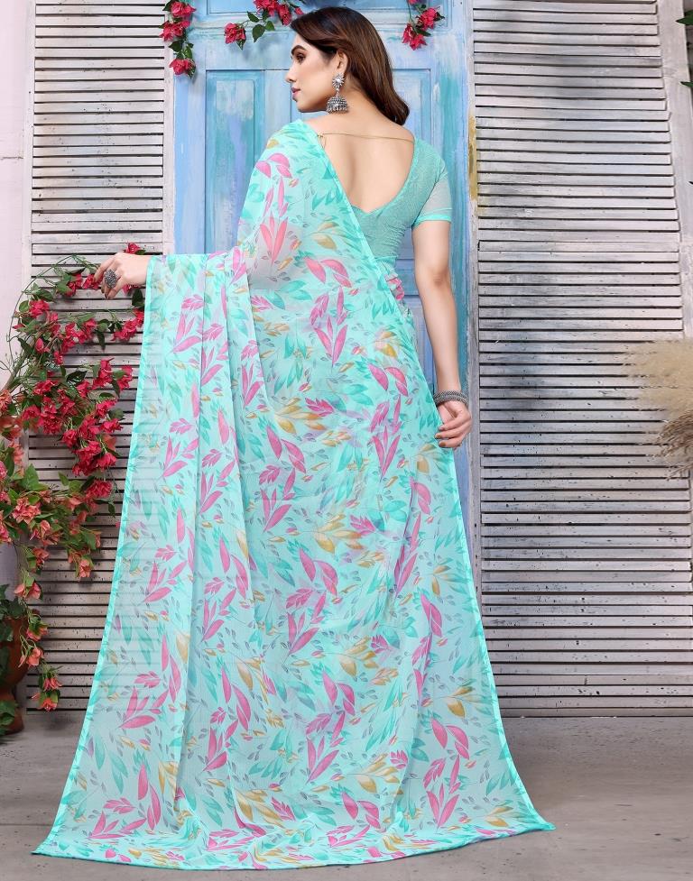 Light Turquoise Chiffon Printed Saree