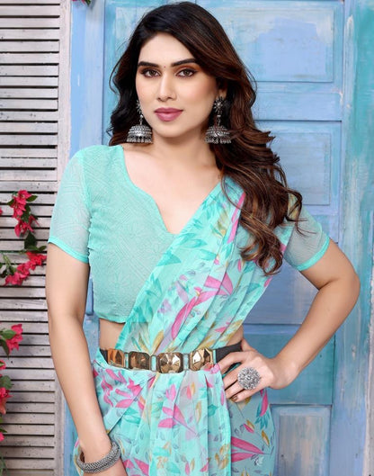 Light Turquoise Chiffon Printed Saree