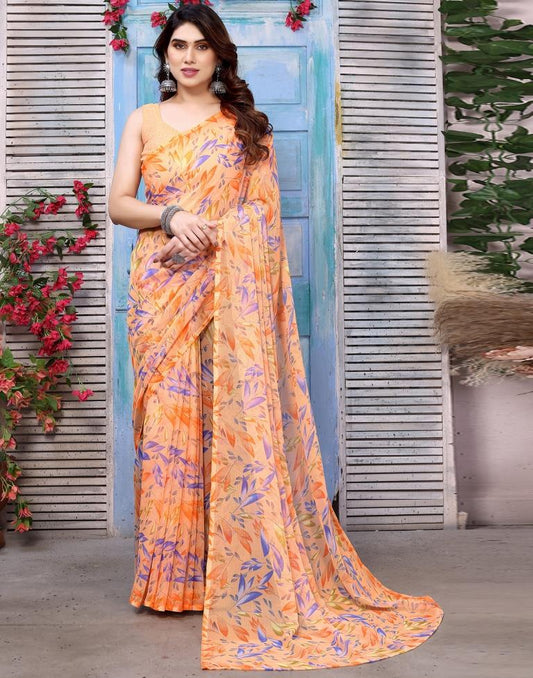 Light Orange Chiffon Printed Saree