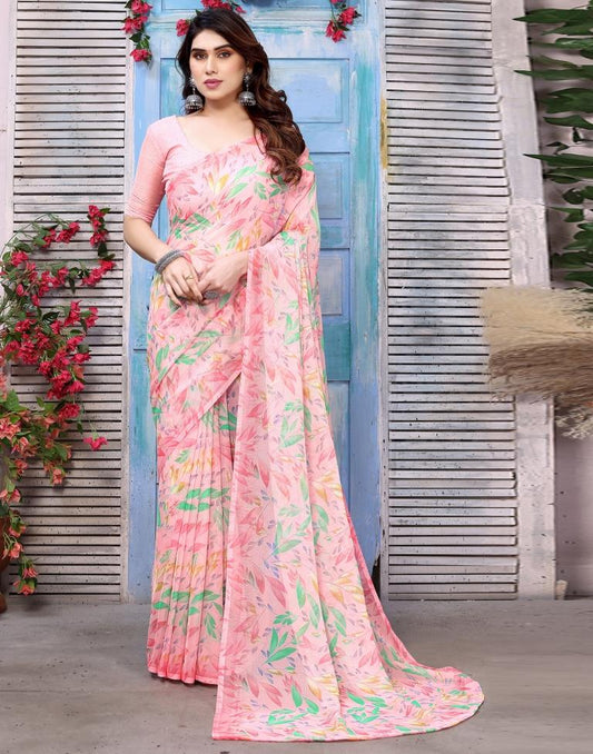 Light Pink Chiffon Printed Saree