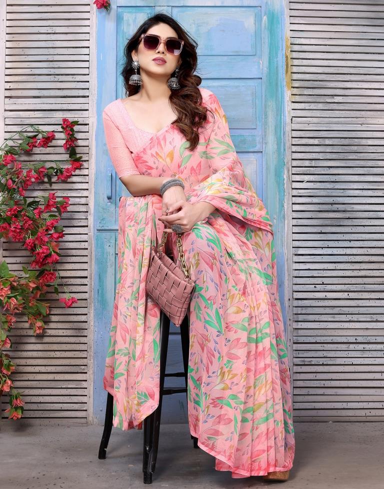 Light Pink Chiffon Printed Saree