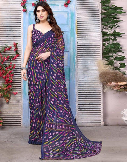 Navy Blue Printed Chiffon Saree