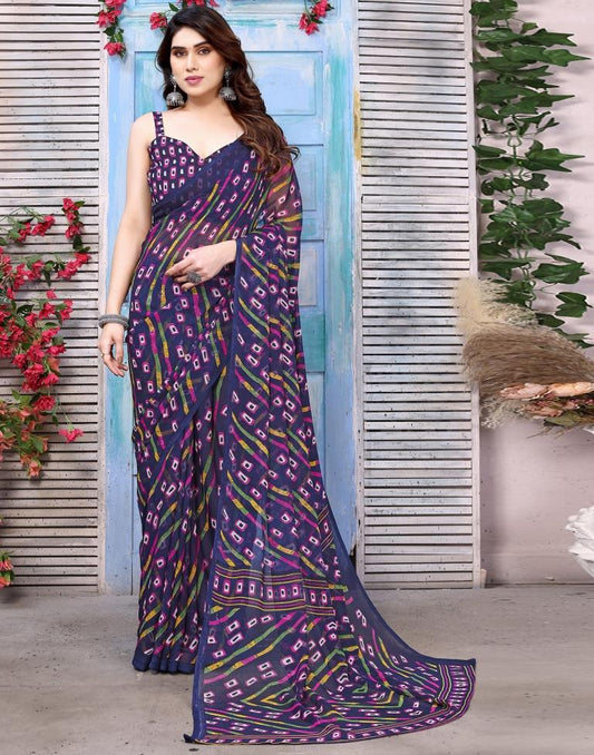 Navy Blue Printed Chiffon Saree