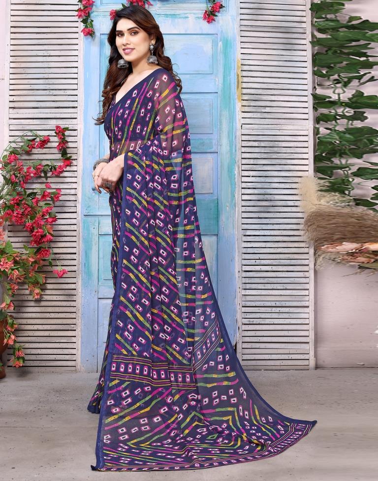 Navy Blue Printed Chiffon Saree