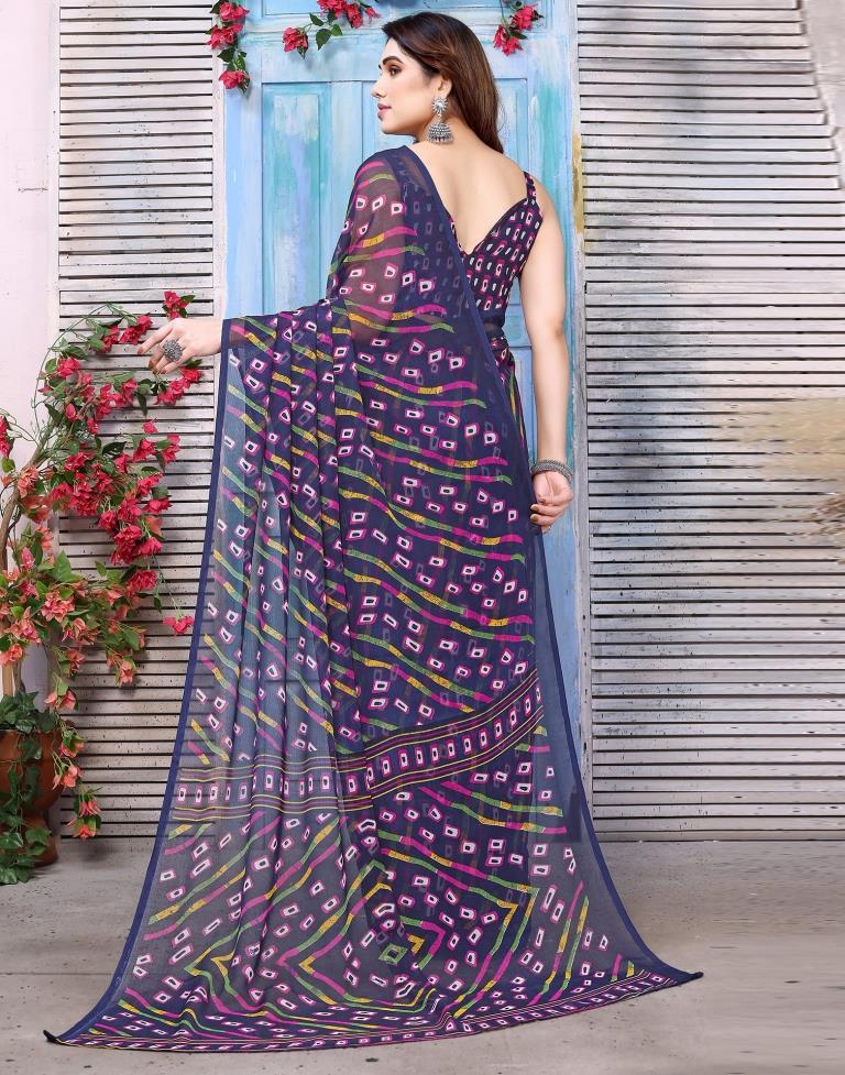 Navy Blue Printed Chiffon Saree