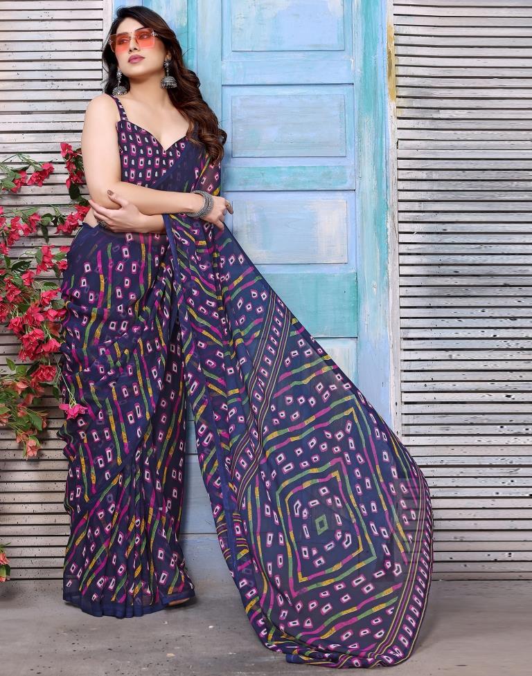 Navy Blue Printed Chiffon Saree