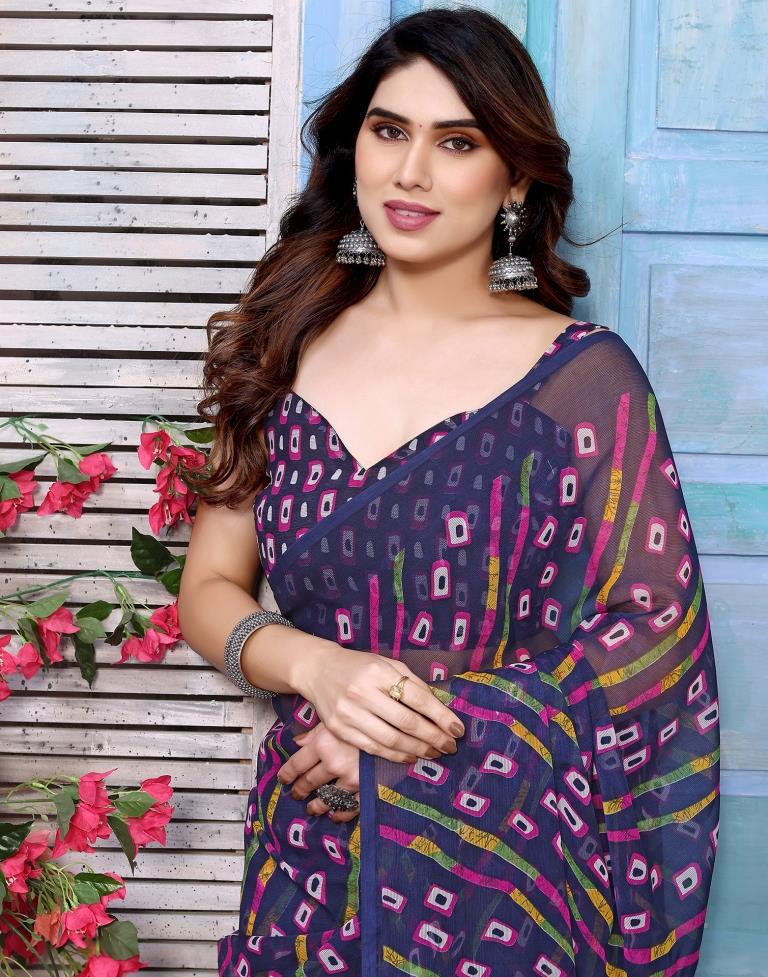 Navy Blue Printed Chiffon Saree