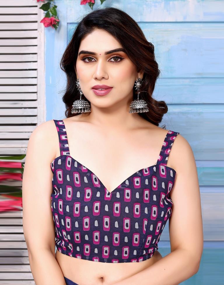 Navy Blue Printed Chiffon Saree
