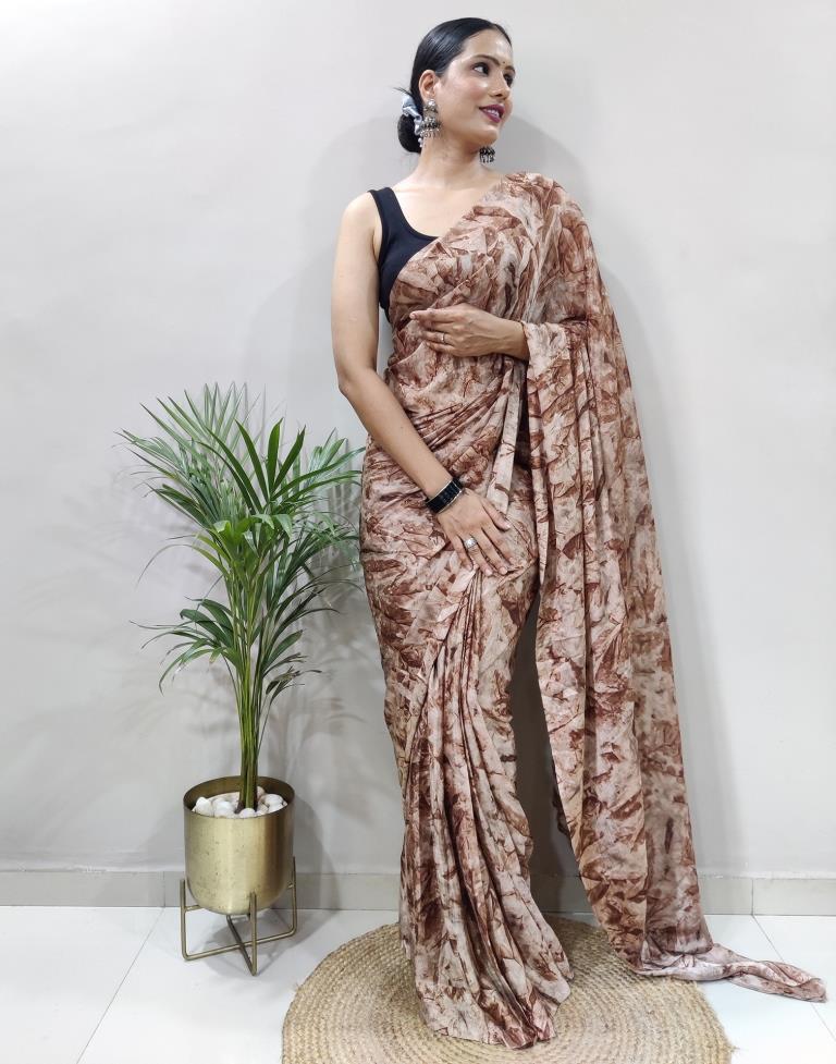 Ready to Wear Brown Chiffon Printed Saree