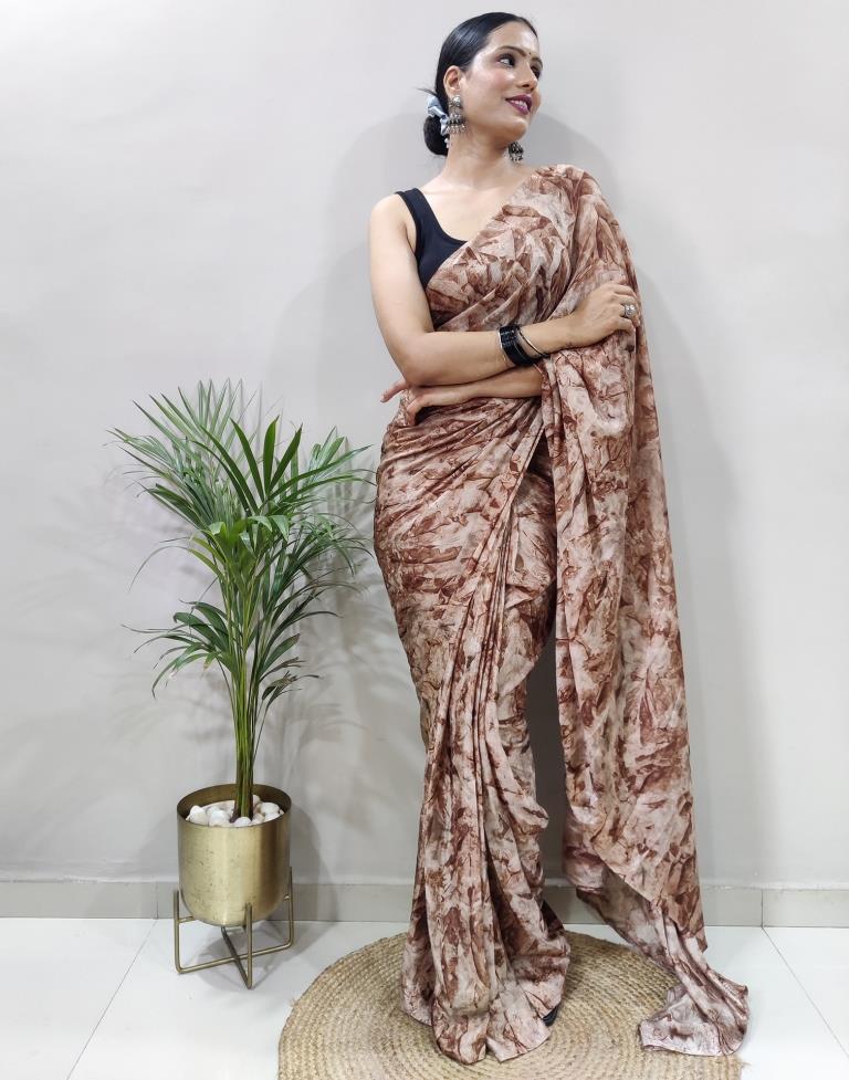 Ready to Wear Brown Chiffon Printed Saree