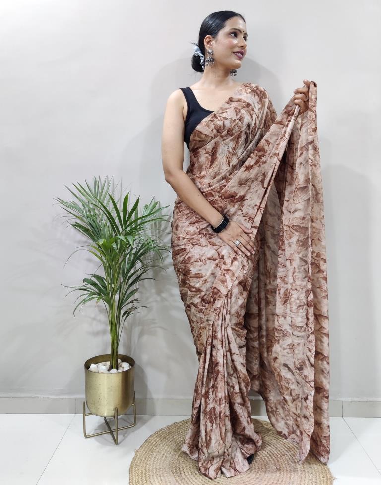 Ready to Wear Brown Chiffon Printed Saree