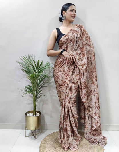 Ready to Wear Brown Chiffon Printed Saree