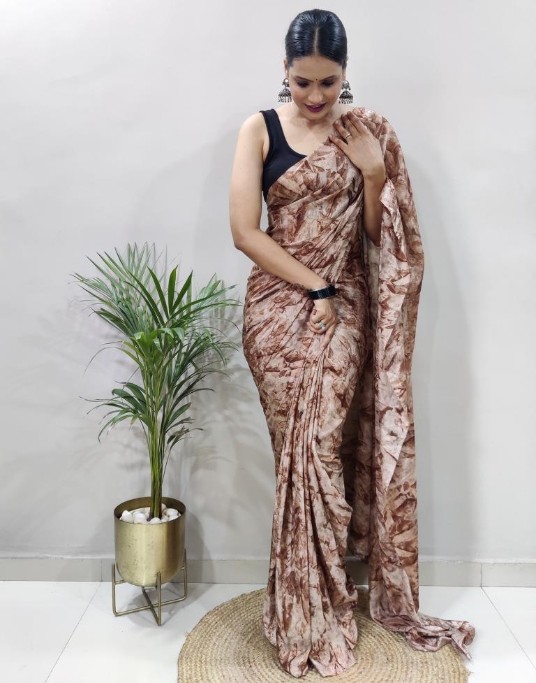 Ready to Wear Brown Chiffon Printed Saree