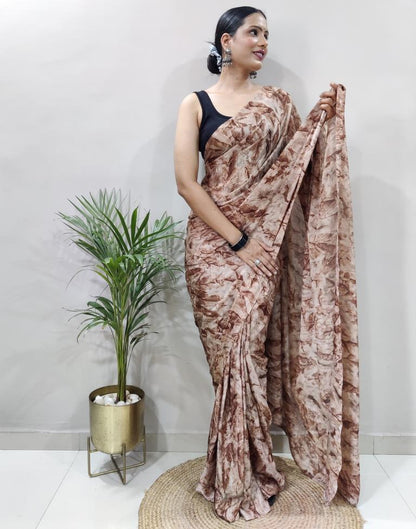 Ready to Wear Brown Chiffon Printed Saree