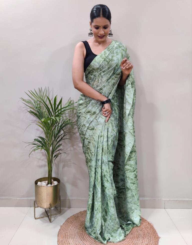 Ready to Wear Light Green Chiffon Printed Saree