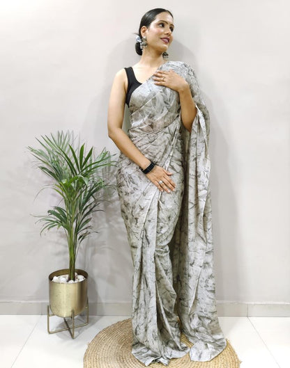 Ready to Wear Light Grey Chiffon Printed Saree