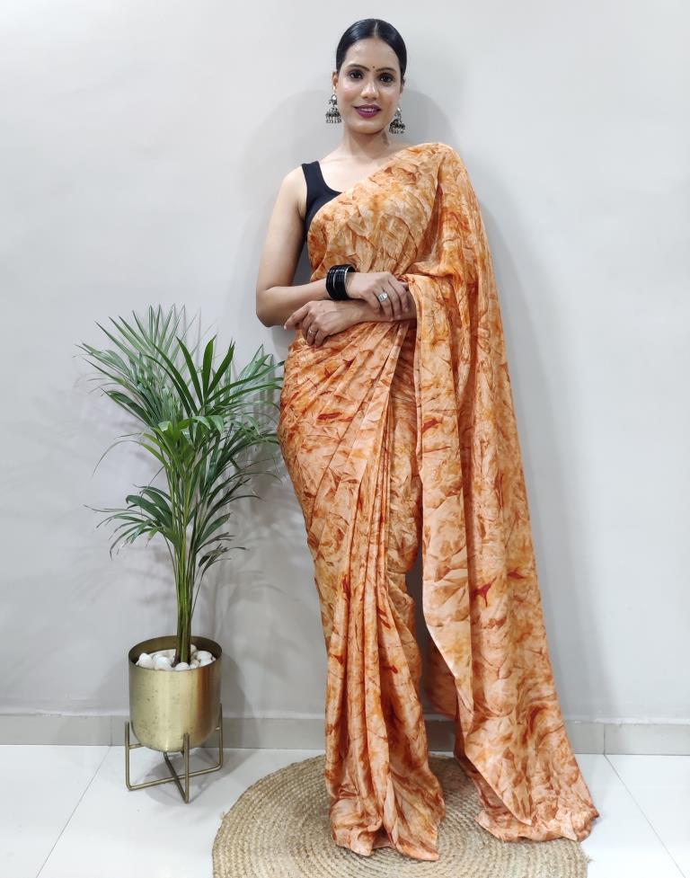 Ready to Wear Light Orange Chiffon Printed Saree